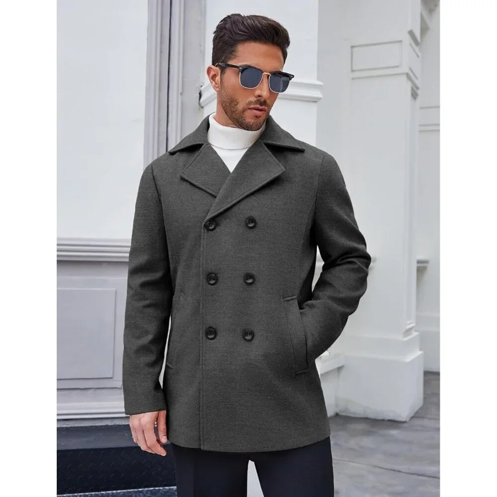 Men's Dark Grey Double Breasted Pea Coat Trench Coat Notched Collar Overcoat